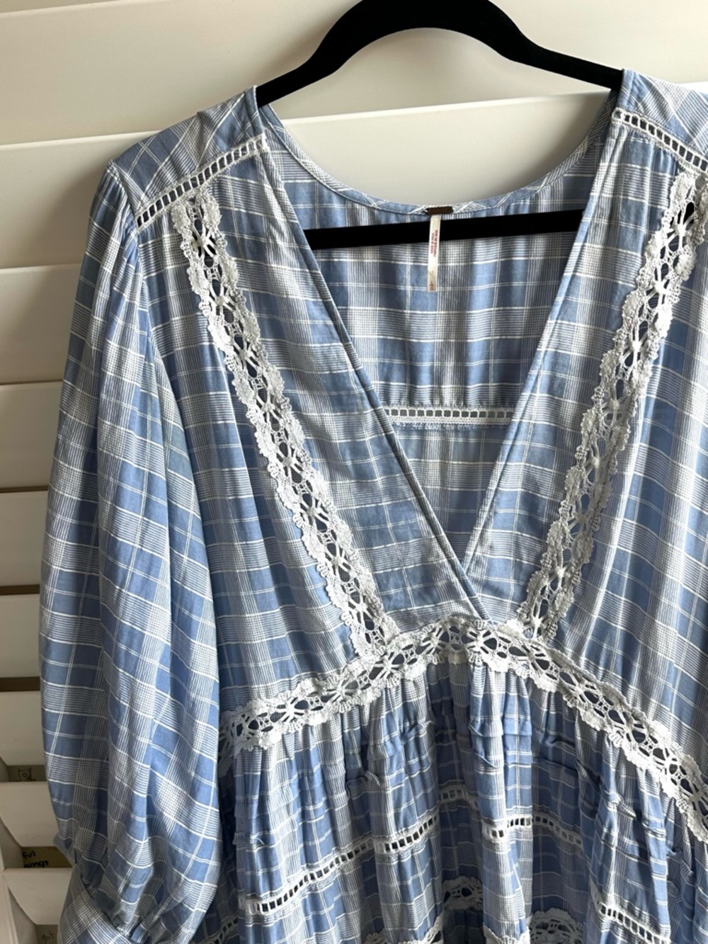 FREE PEOPLE Light Blue Plaid Lace Trim Babydoll Tunic Dress Size-L - Picture 7 of 13